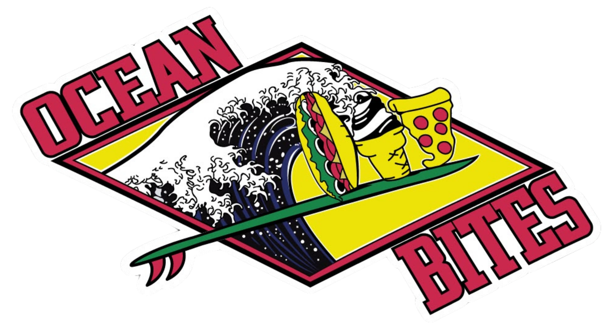 Ocean Bites restaurant logo featuring a wave, pizza, sub, and ice cream in Ocean City, Maryland.